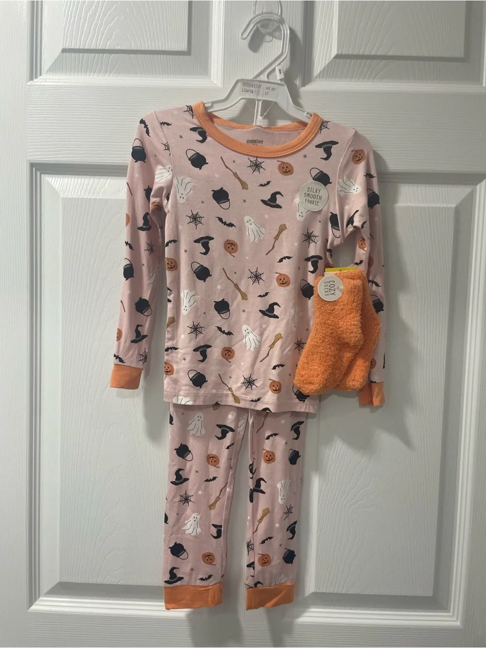 Pink Halloween-Print Kids Pajama Set with Orange Trim
